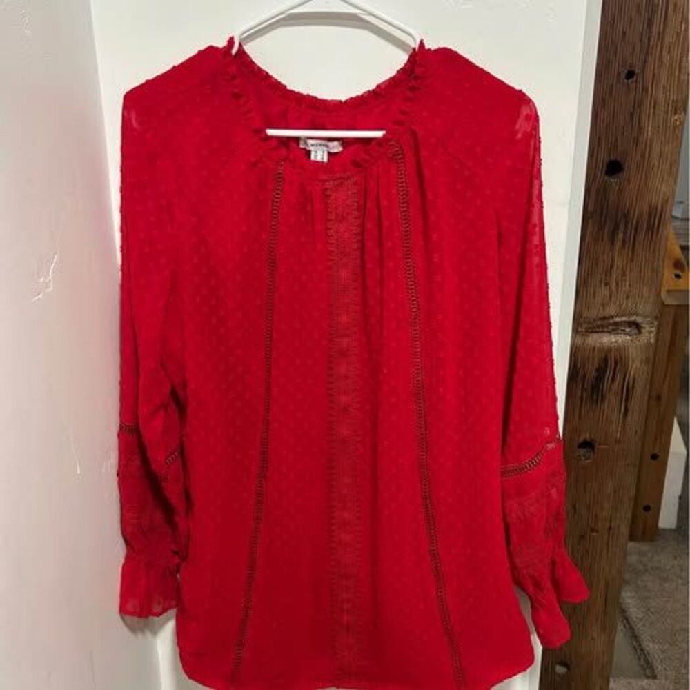Isaac Mizrahi Live Red Swiss Dot Peasant Blouse Size 8